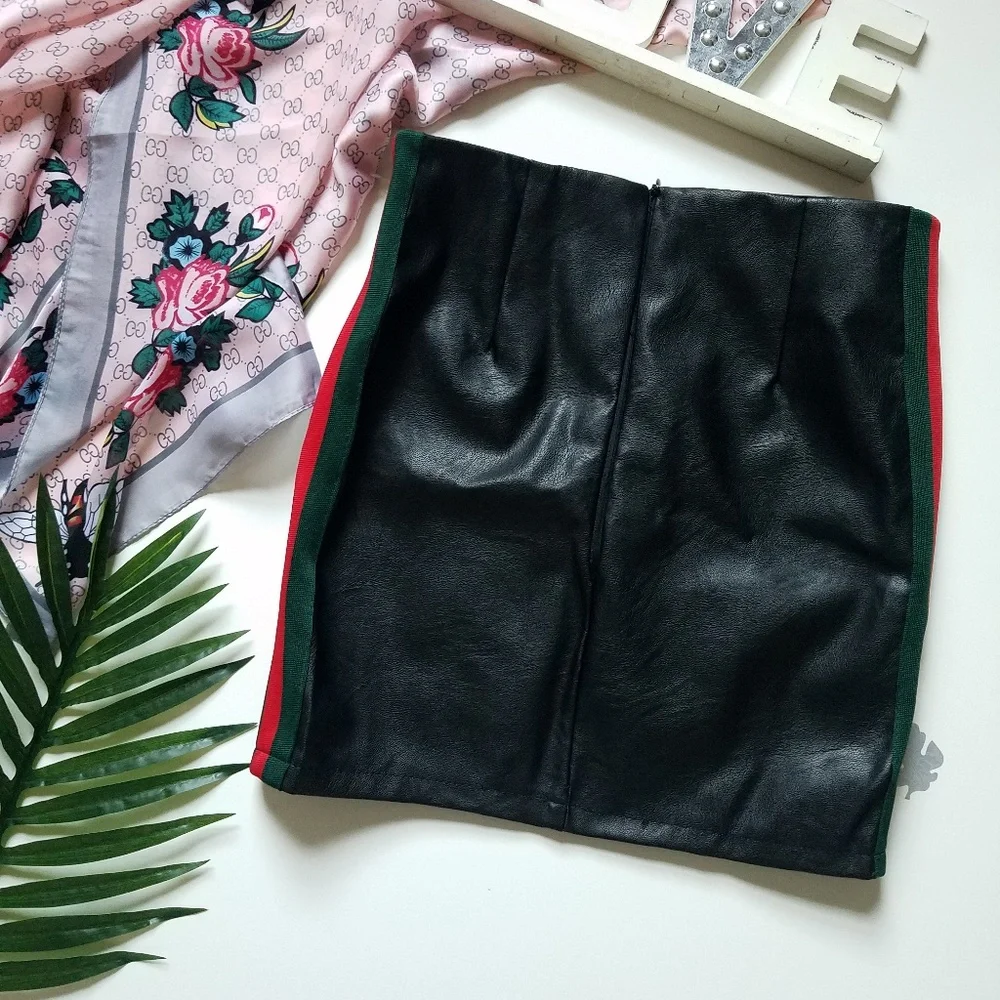 Faux Leather Mini Striped Skirt Black Size S